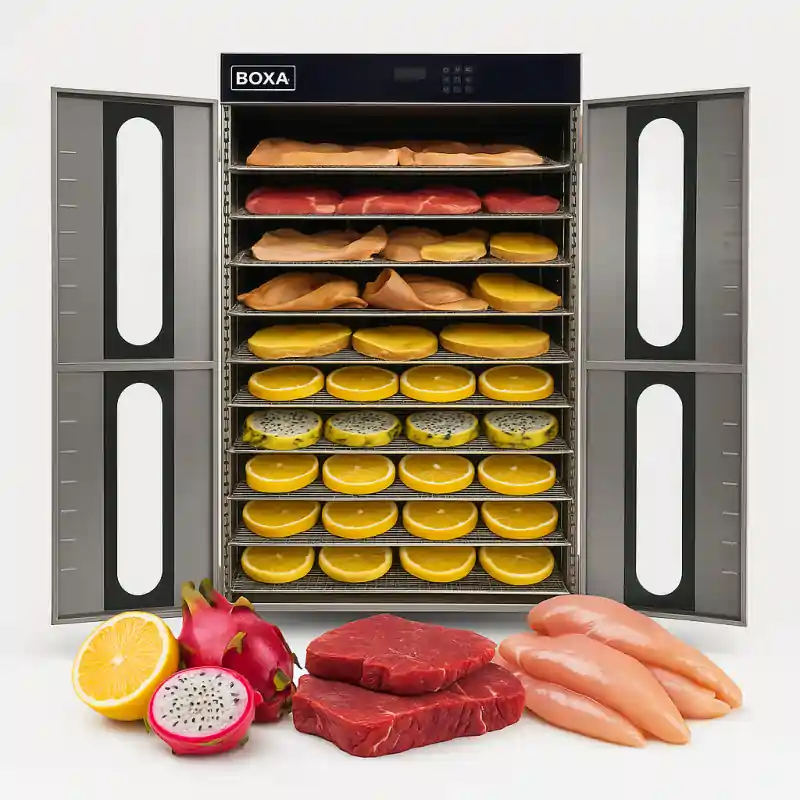 frutas y carnes deshidratadas en bandejas de deshidratadora industrial BOXA